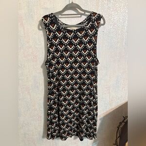 LOFT Geometric Black and Brown Swing Sleeveless Midi Dress, Sz Lg